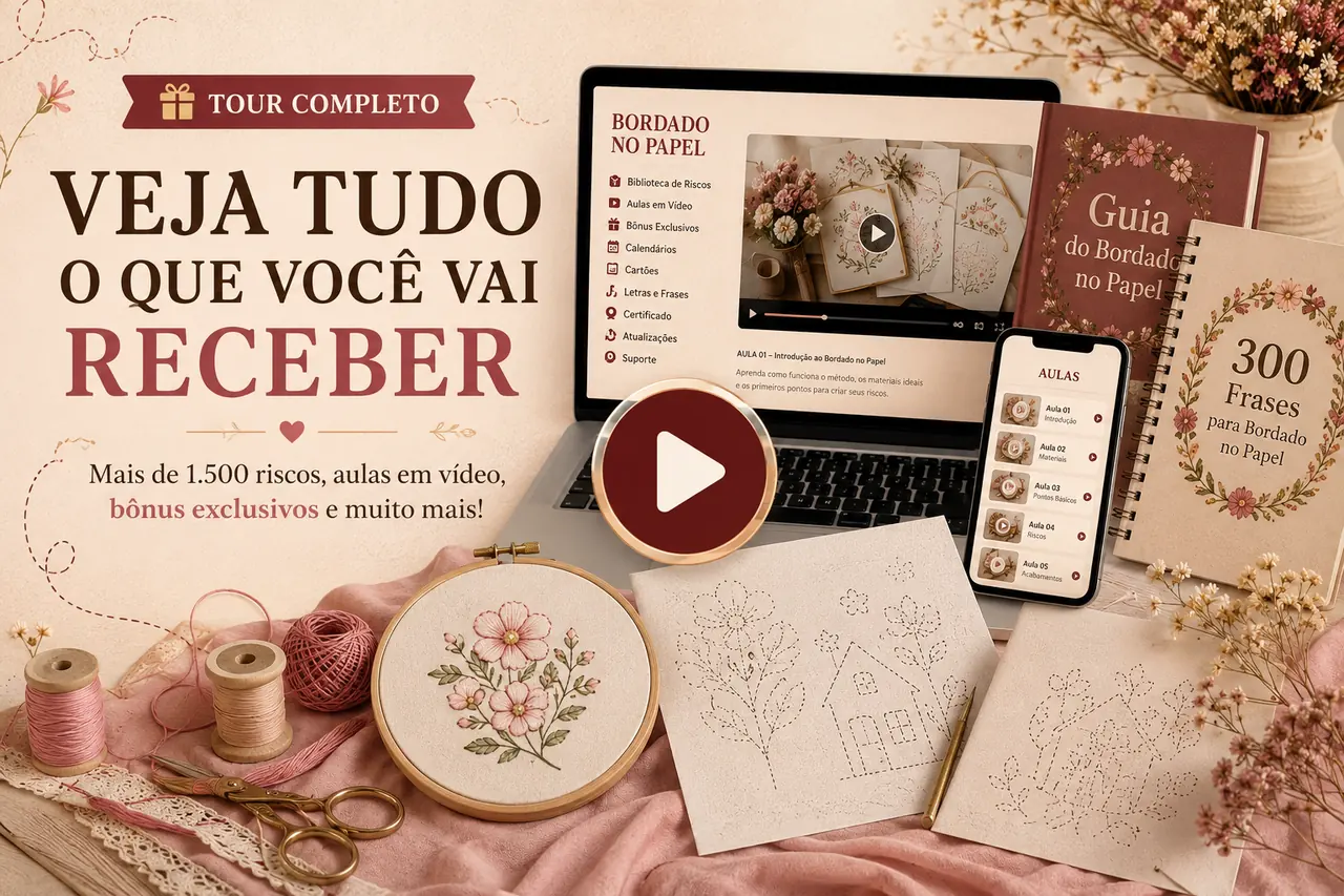 Tour completo: veja tudo o que você vai receber no curso de bordado no papel